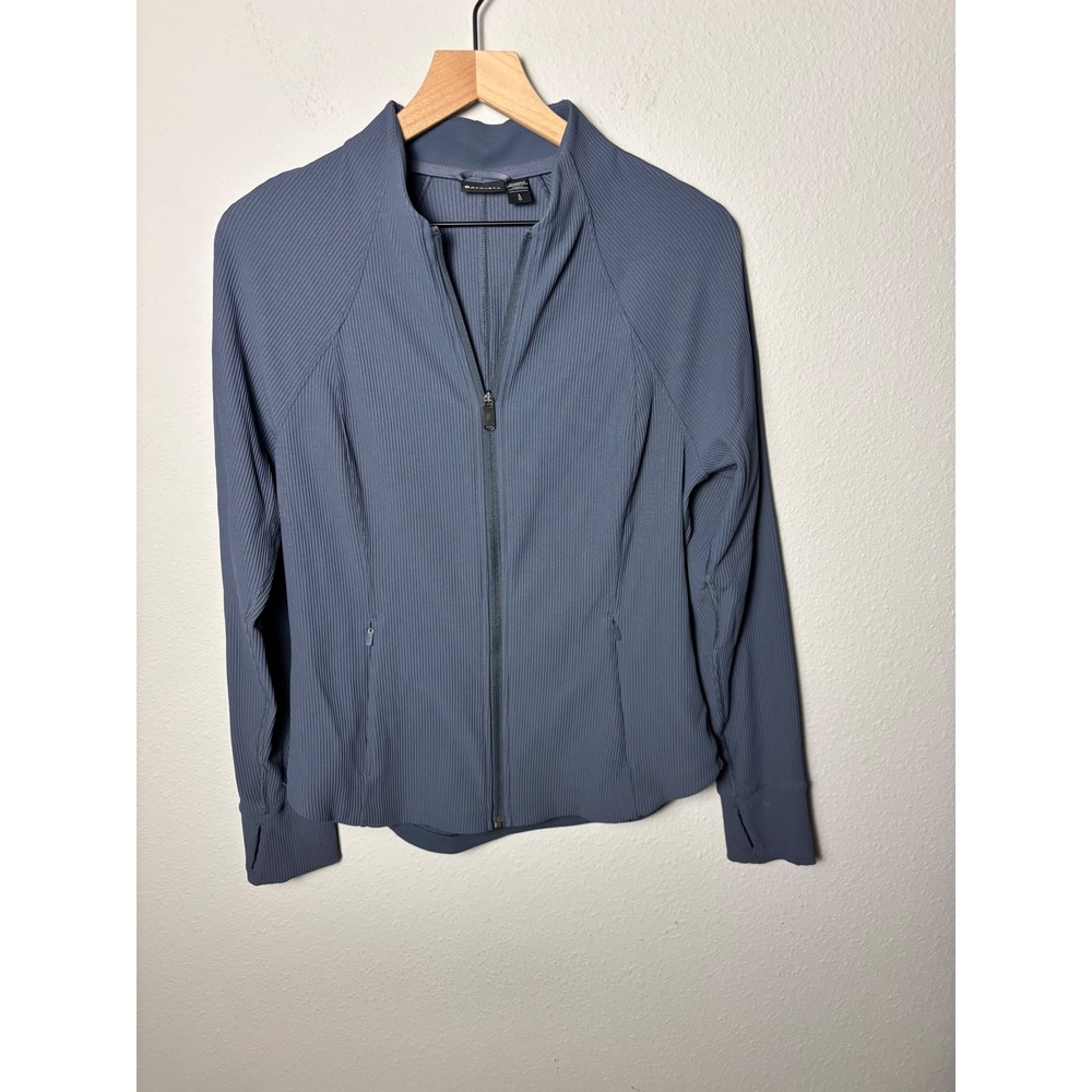 Athleta Salutation Ribbed Jacket Blue Gray Full Zip Mock Neck Yoga Large 986567